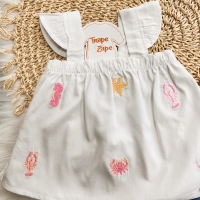 Conj. Batinha Bichinhos do Mar em Linho e Short Jeans - Branco e Azul